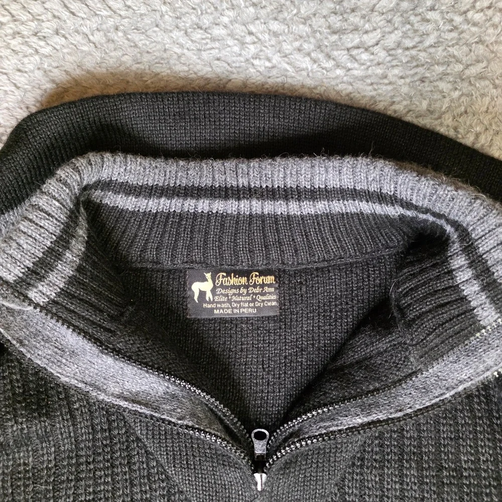 Fashion Forum 80% Alpaca 1/4 Zip Sweater Mens L Black Gray Made in Peru Pullover - Picture 2 of 9
